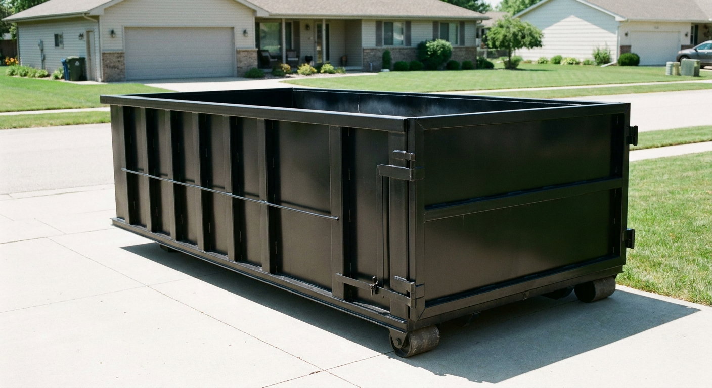 Matte-black 10-yard roll-off dumpster on a residential concrete driveway in Chandler, uniformly painted matte black across every panel and rail, ribbed steel sidewalls and rear swing door visible, mid-day daylight.