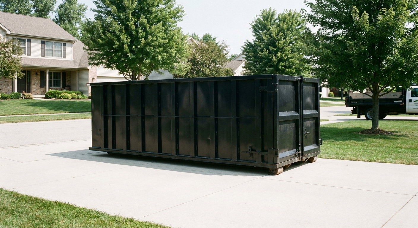 Matte-black 20-yard roll-off dumpster sitting level on a clean Chandler residential concrete driveway under bright daylight, demonstrating clean placement directly on the concrete.