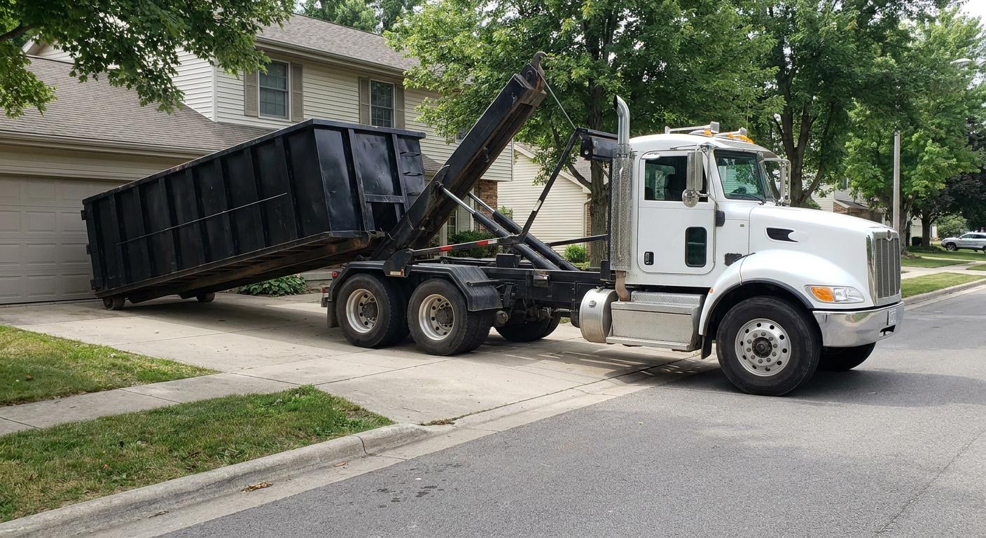 White-cab hooklift roll-off truck actively lowering a matte-black dumpster onto a Chandler residential concrete driveway, the dumpster's rear wheels touching the driveway as the hoist arm tilts the bed forward, mid-morning daylight.