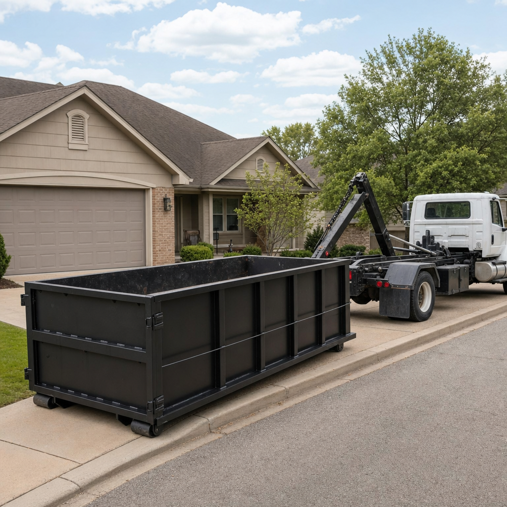 Wide documentary shot of a matte-black roll-off dumpster on a Chandler residential driveway in the foreground and a contractor jobsite container in the soft-focus background, bright daylight, calm and orderly composition.