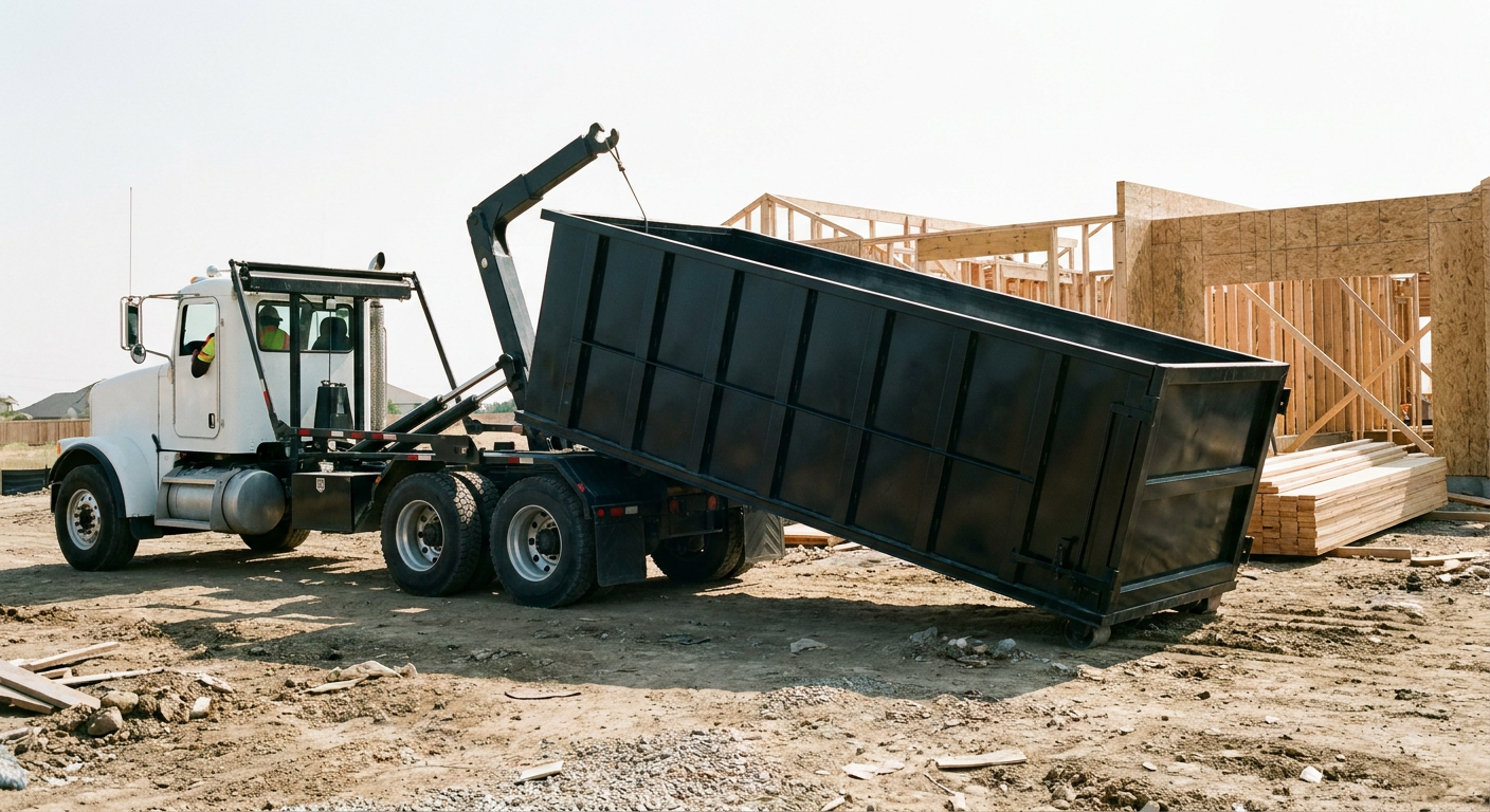 Matte-black roll-off dumpster being delivered onto a clean residential concrete driveway in Chandler by an unmarked white hooklift hauler truck, bright morning daylight, documentary 35mm perspective.